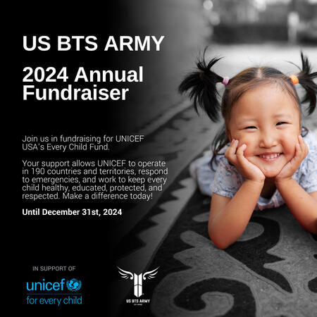 A young child on the ground, rester her face in her hands as she smiles toward the viewer. Text on the image provide a call for donations for unicef's every child program. USBTSARMY's annual campaign runs through December 31, 2024.