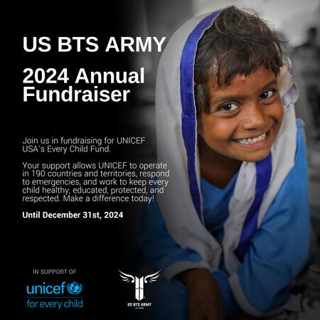 A young child smiles toward the viewer. Text on the image provide a call for donations for unicef's every child program. USBTSARMY's annual campaign runs through December 31, 2024.